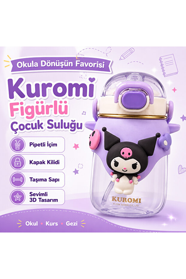Kuromi Figured 650 ml Children's Water Bottle with Straw, Lockable Lid, Carrying Handle, School Water Bottle
