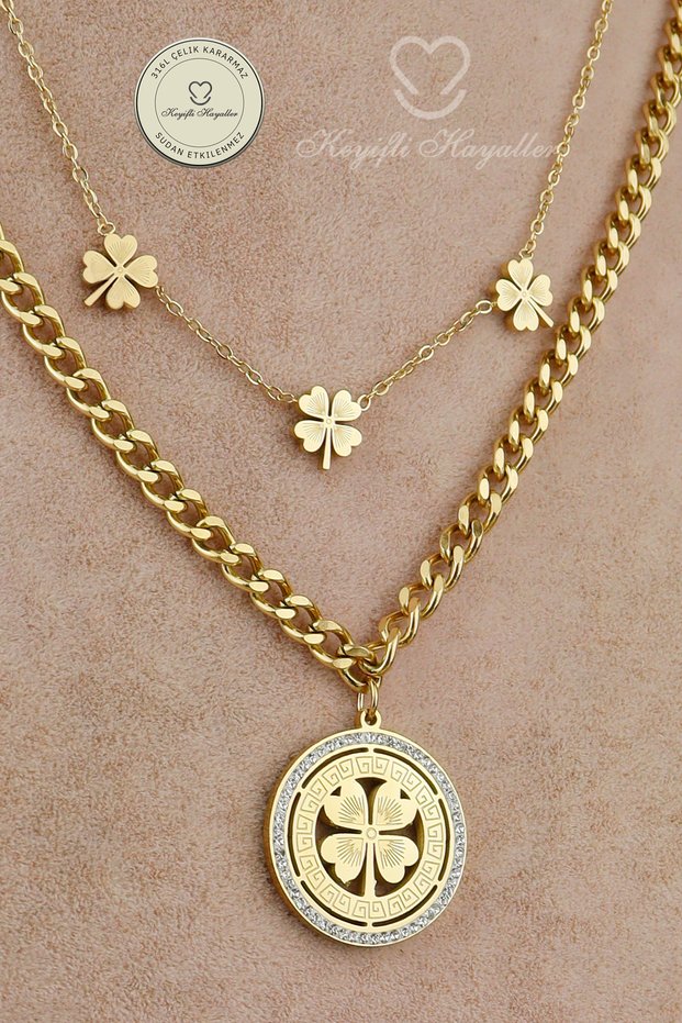 2-Piece Steel Necklace - 2-Piece Chain Clover Detailed 316L Steel Necklace, Non-Tarnishable, Non-Fading, 38+5cm