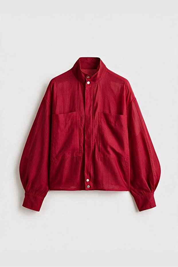 Transparent Jacket Shirt with Large Pockets and Standing Collar Per9753