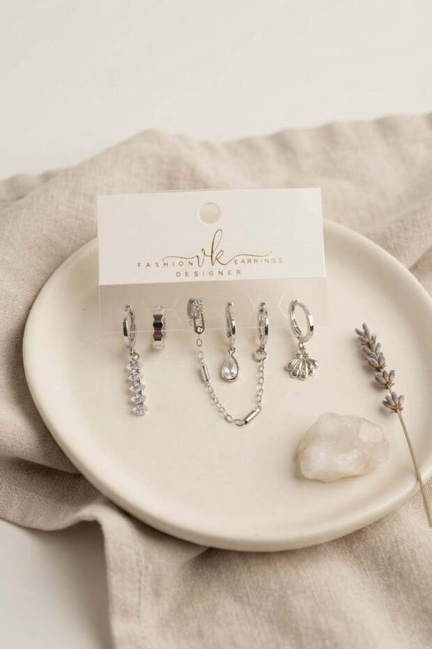 Silver Color Brass Zircon Stone Detailed 6-Piece Earring Combination Set