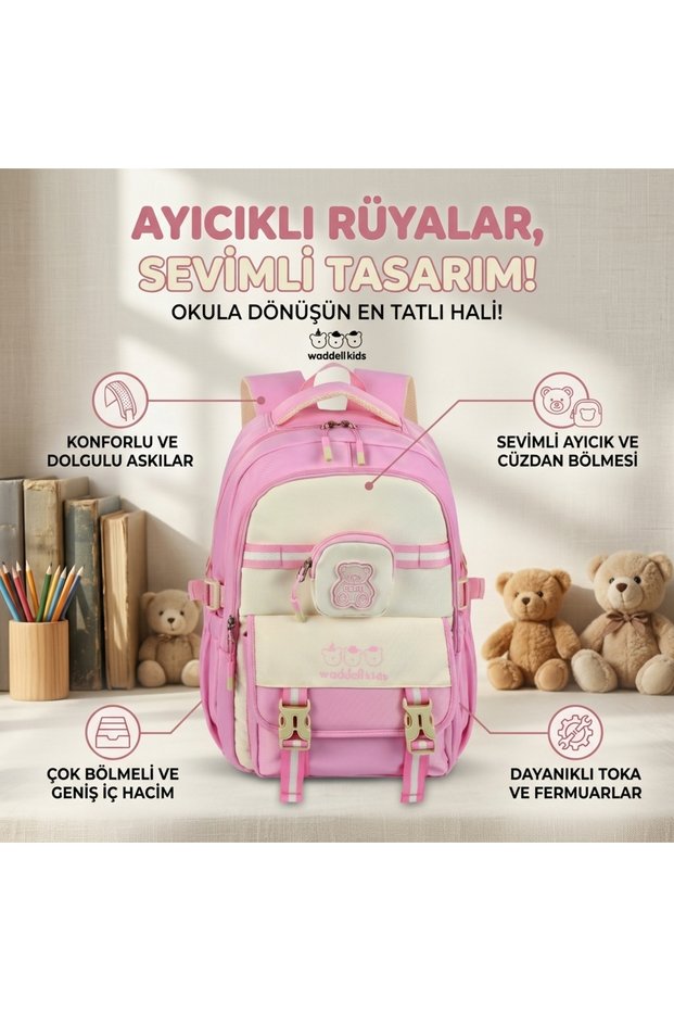 Kids Ergonomic Luxury Waterproof Fabric Primary and Secondary School Bag - Multi-Compartment Teddy Bear Wallet with Accessories as a Gift