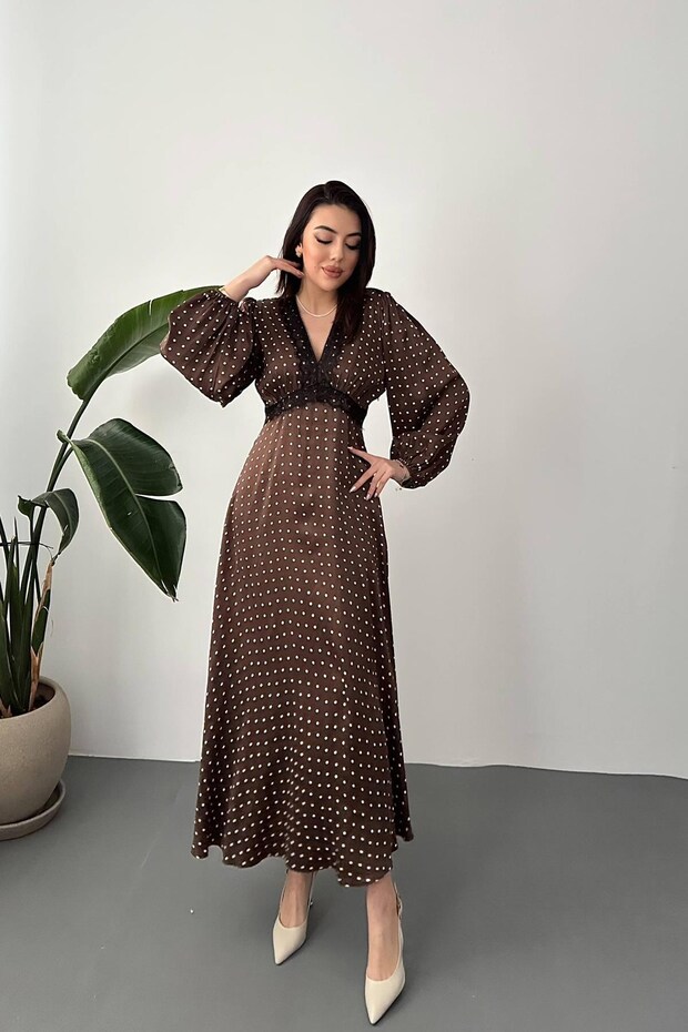Brown Satin Polka Dot Dress with Lace Detail