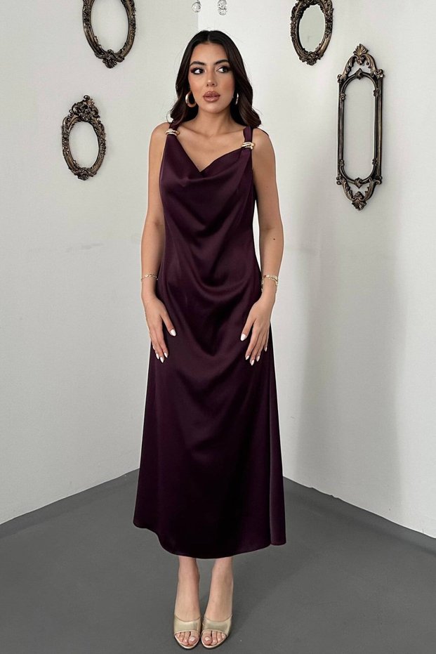 Plum Satin Degaje Collar Shoulder Buckle Dress