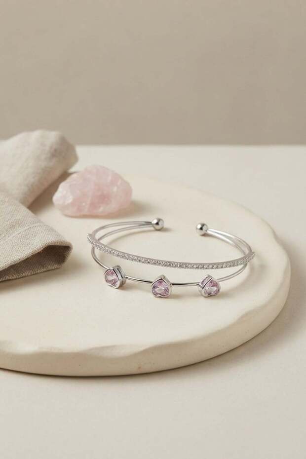 Pink Heart Model Zircon Stone Silver Color Women's Bracelet