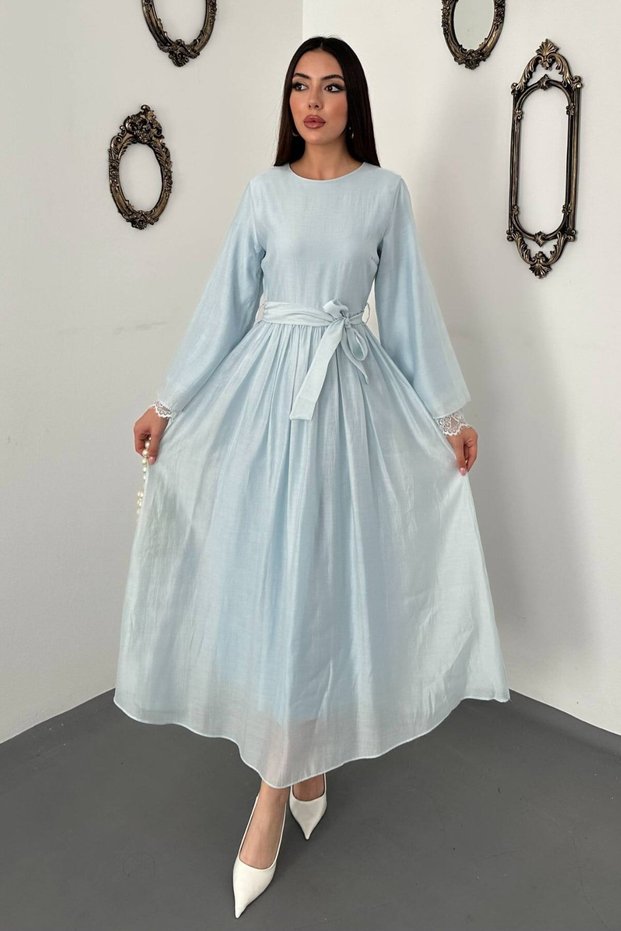 Blue Dress with Lace Detail on the Sleeves