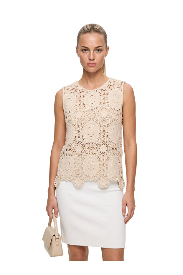 Women's Crochet Beige Button Back Standard Size Blouse