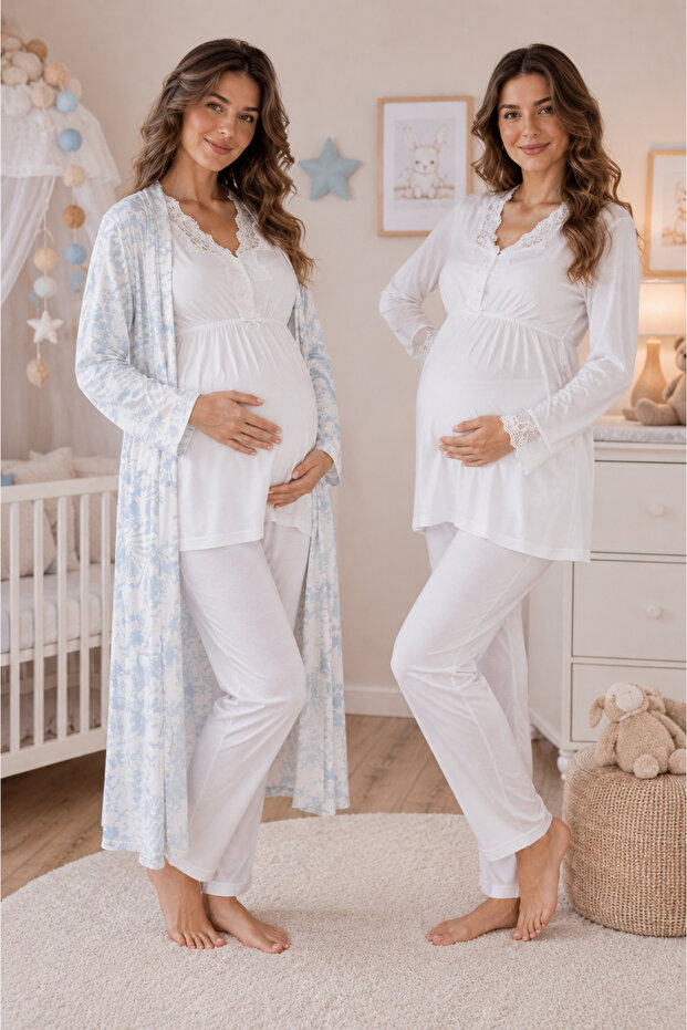 Floral Patterned Maternity Pajama Set with Dressing Gown Effortt