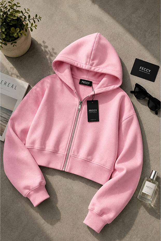 Premium Pink Hooded Zippered Pocketless Women's Crop Cardigan