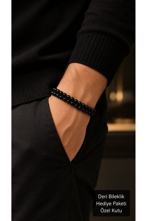 Pradeno Jetstone Black Leather Men's Bracelet - Double Row Shiny Beads