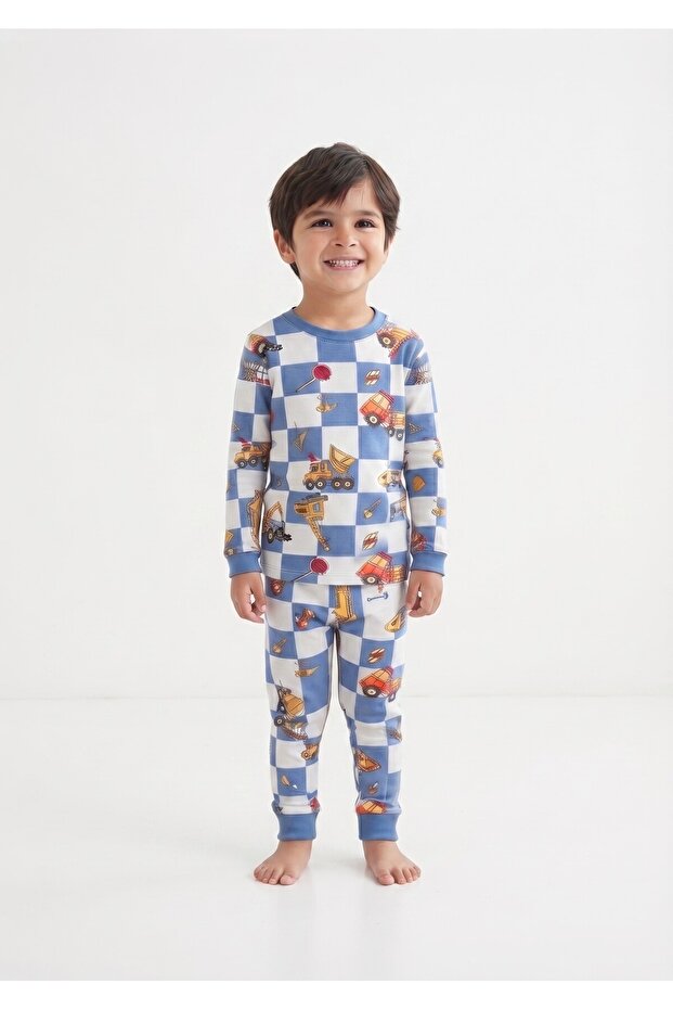 Boy's Interlock Fabric Work Machine Patterned Checkered Blue Pajama Set