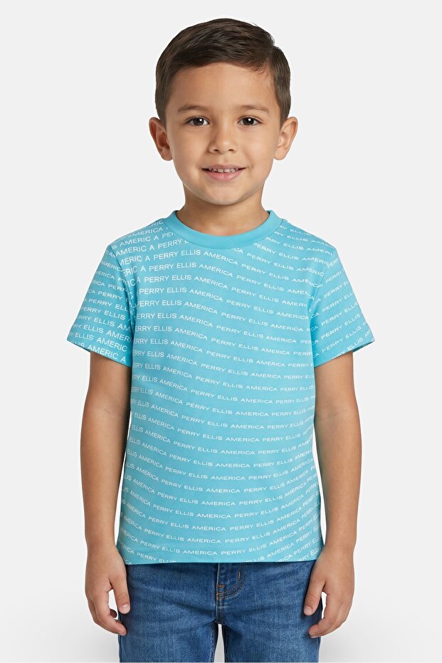 Toddlers Boy Monogram Pattern Short Sleeve T-Shirt, Turquoise