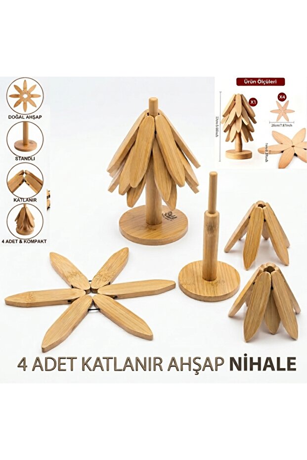 Set of 4 Bamboo Tree Trivets with Stand Heat Resistant Cup and Pot Bottom Folding Trivets