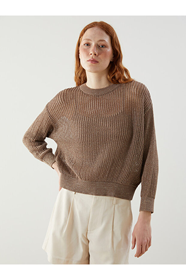 Crew Neck Openwork Oversized Women's Knitwear Sweater