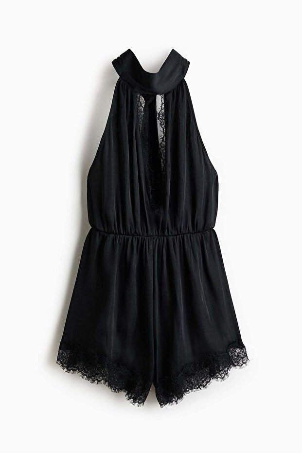 Lace-trimmed halterneck playsuit
