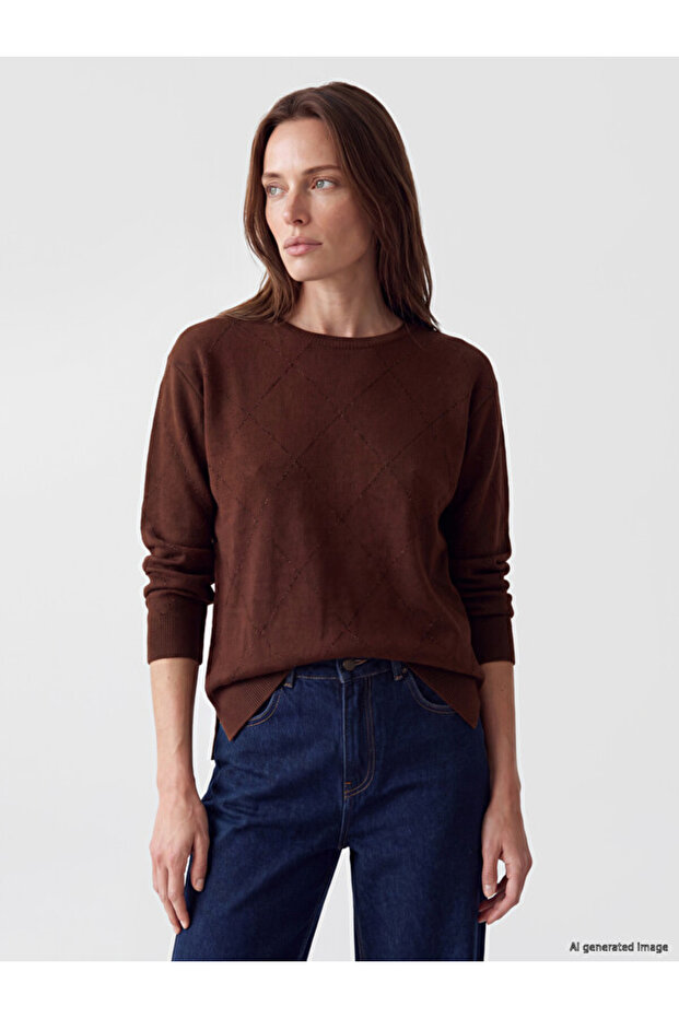 Crew Neck Diamond Patterned Women's Knit Sweater