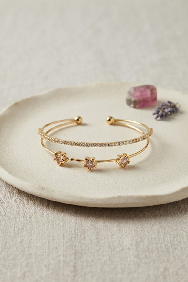 Pink Star Model Silver Color Zircon Stone Brass Bracelet -