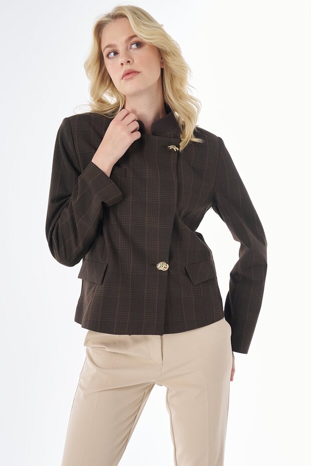 Hakim Lapel Collar Plaid Pattern Jacket Brown