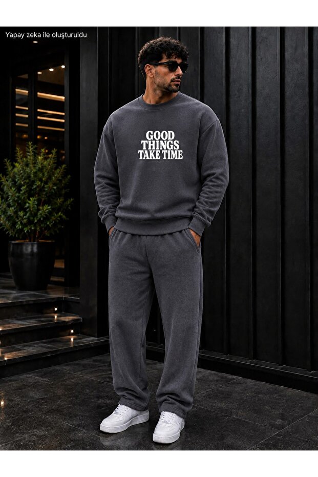 Men's Good Things Take Time Typography Printed Crew Neck Regular Fit Men's Tracksuit Set /Straight Leg Bottom