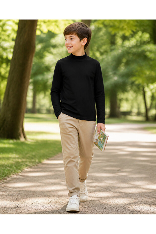 100% Cotton Back to School Black Children's Half Turtleneck Long Sleeve T-Shirt