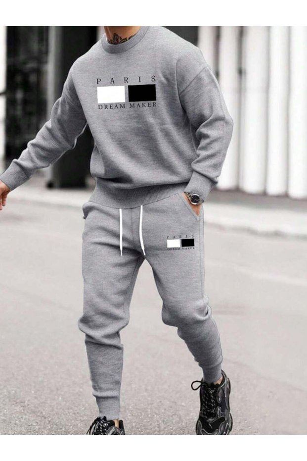 Gray Paris Dream Maker Combination Top and Bottom Tracksuit Set - - Printed Oversize Elastic Cuff Crew Neck
