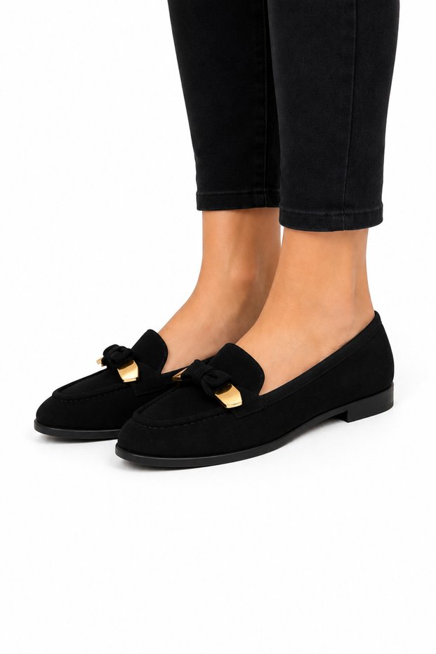 Ribboned Suede Women's Ballerina Shoes Black