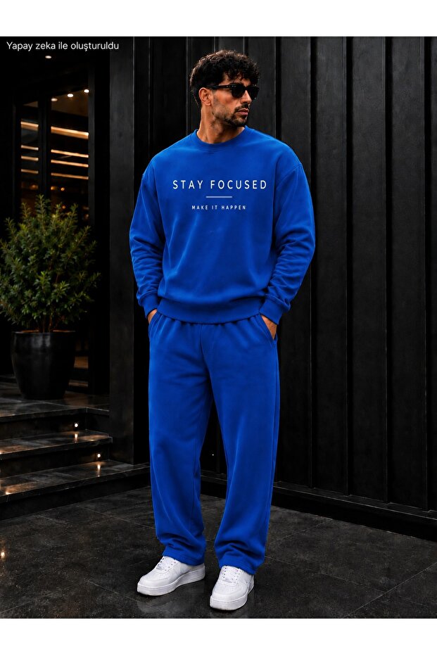 Men's Stay Focused Make It Happen Typography Printed Crew Neck Regular Fit Men's Tracksuit Set /Straight Leg Bottom