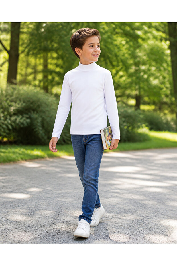 Children's School Season 100% Cotton White Half Turtleneck Basic Combed Cotton