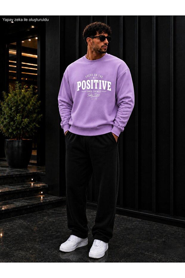 Men's Focus on the Positive Typography Printed Crew Neck Regular Fit Men's Tracksuit Set /Straight Leg Bottom