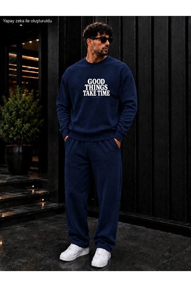 Men's Good Things Take Time Typography Printed Crew Neck Regular Fit Men's Tracksuit Set /Straight Leg Bottom