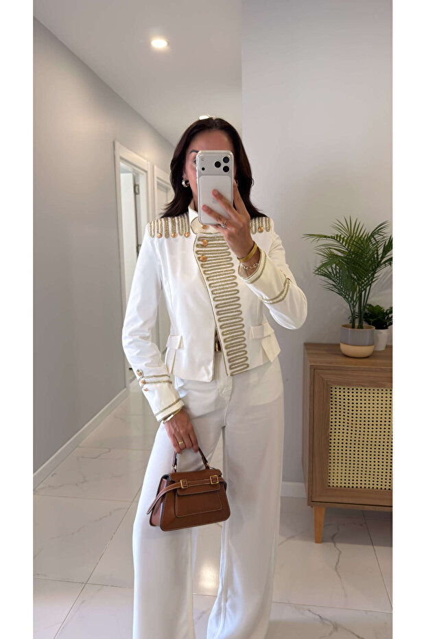 Gones Ecru Padded Blazer Jacket with Epaulettes