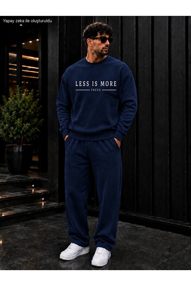 Men's Less Is More Focus Typography Printed Crew Neck Regular Fit Men's Tracksuit Set /Straight Leg Bottom