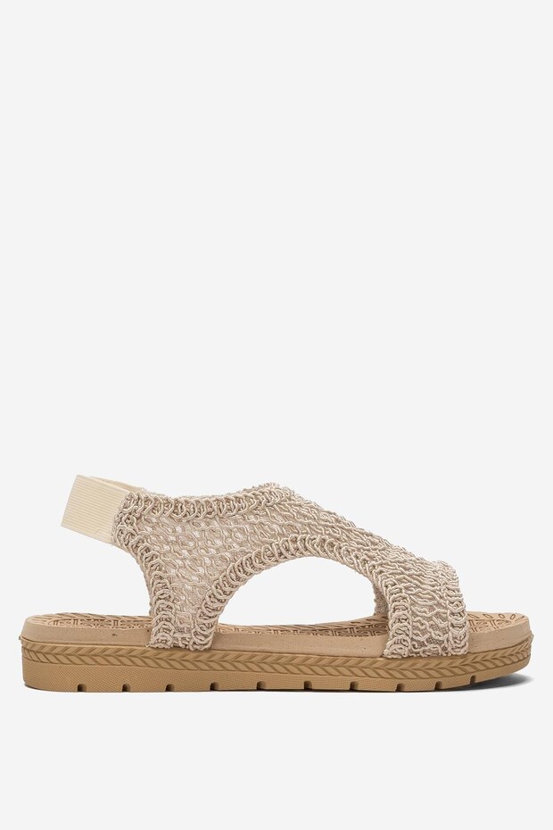 Open Front Knitted Patterned Elastic Women's Sandals Beige