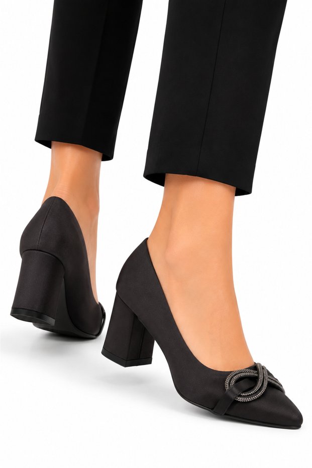 Pointed Toe Evening Dress Shoes with Stones, Thick Heel, Satin Women's Heeled Shoes (6cm) Black