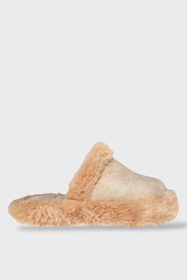 Plush Detailed Women's House Slippers Beige