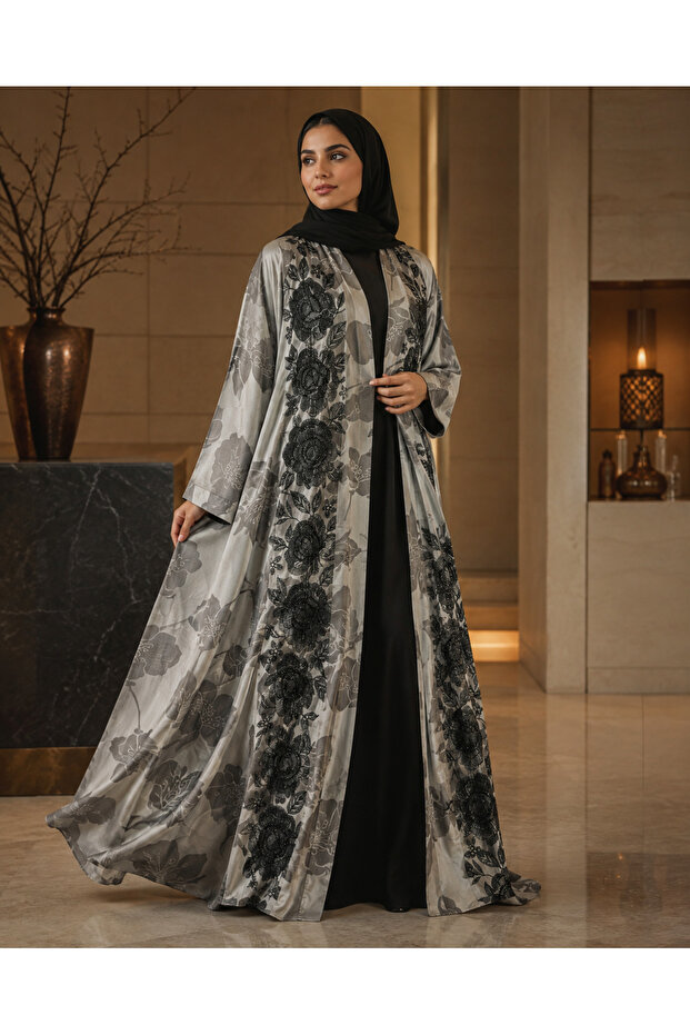 Luxury Floral Embroidered Open Abaya with Matching Hijab Shawl