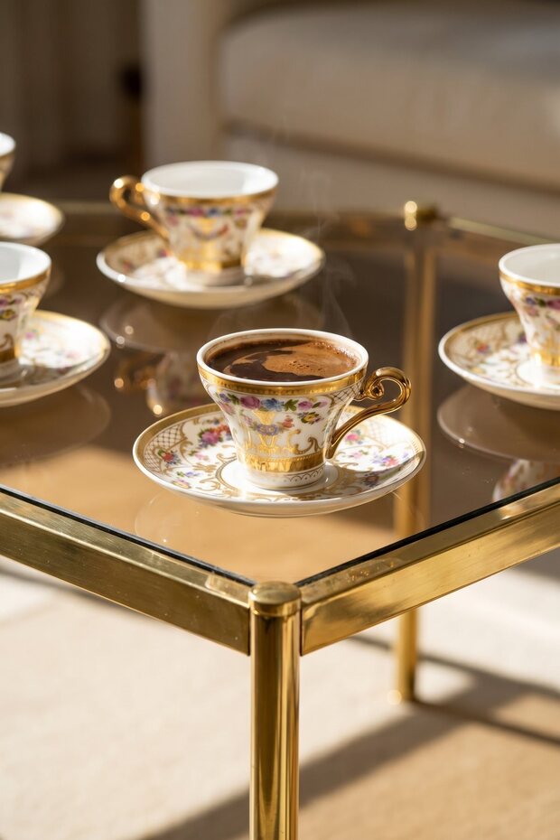 Marielle 24K Gold Detailed Porcelain Coffee Cup Set for 6 People - 90 ml