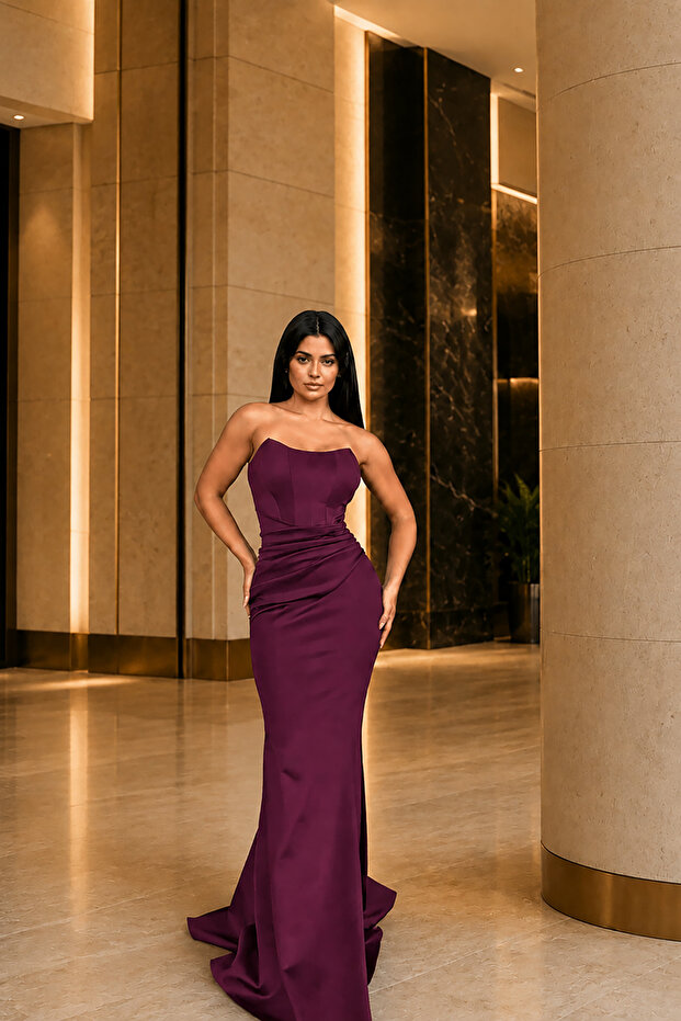 Plum Strapless Corset Detailed Zippered Scuba Fabric Long Dress