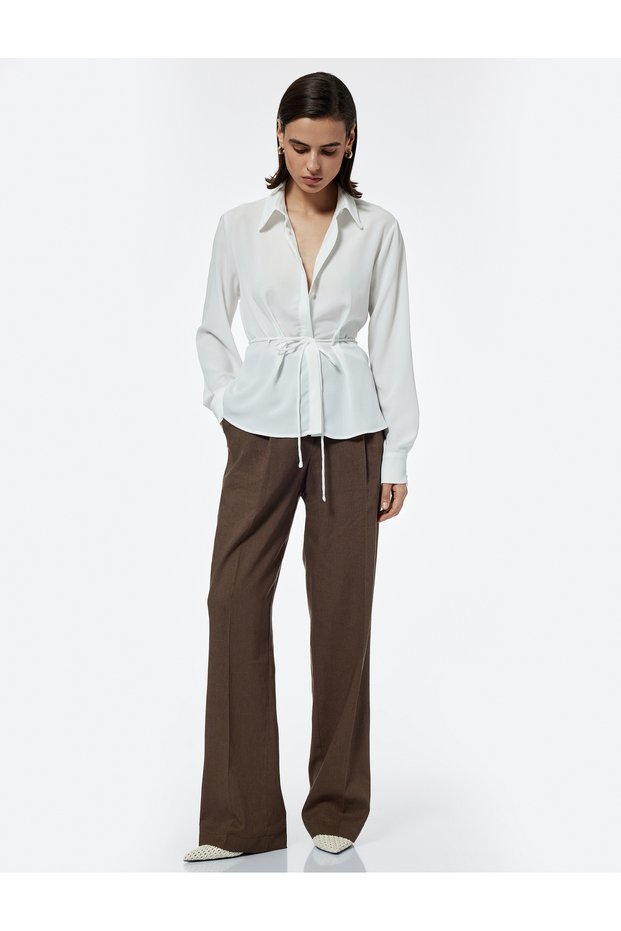 Long Sleeve Classic Collar Belted Satin Shirt