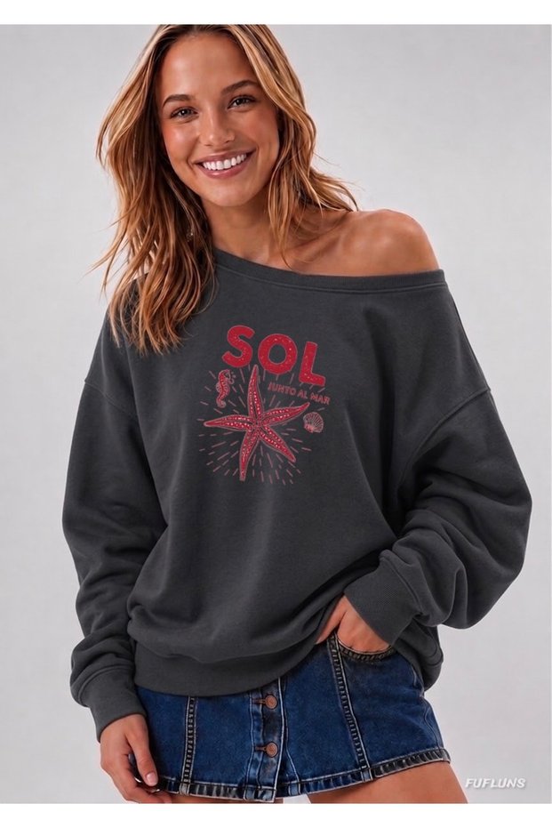 Sea Star Printed Oversized Women's Boat Neck Sweatshirt