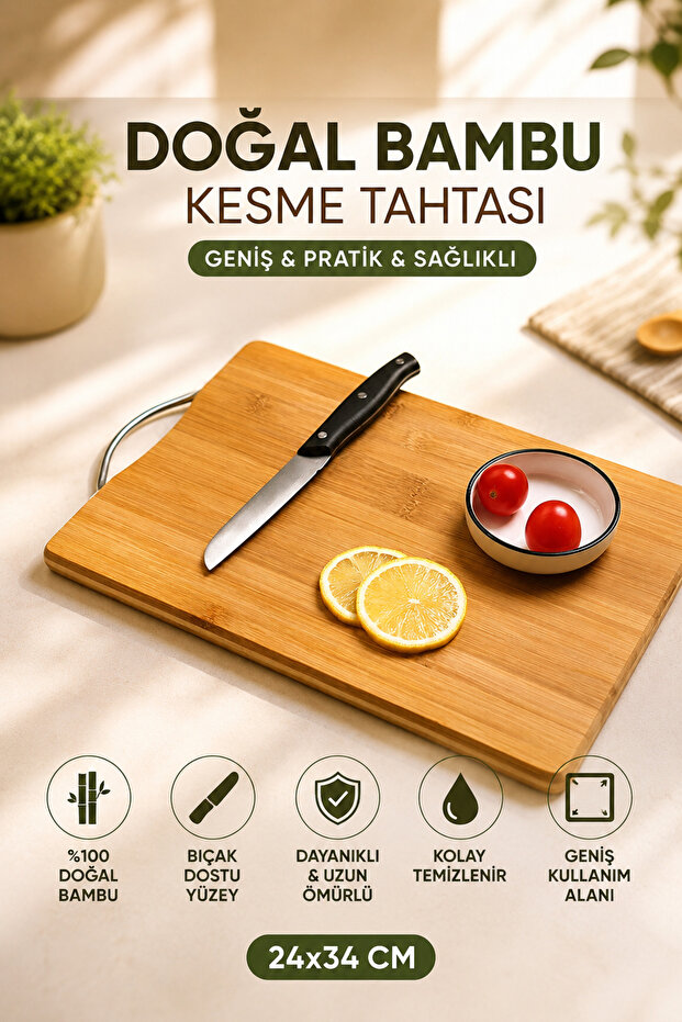 Bamboo Cutting Board 24X34 cm Large Size Natural Wooden Kitchen Chopping Board with Metal Handle