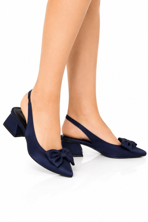 Ribboned Satin Low Heel Women's Sandals (4cm) Dark Blue