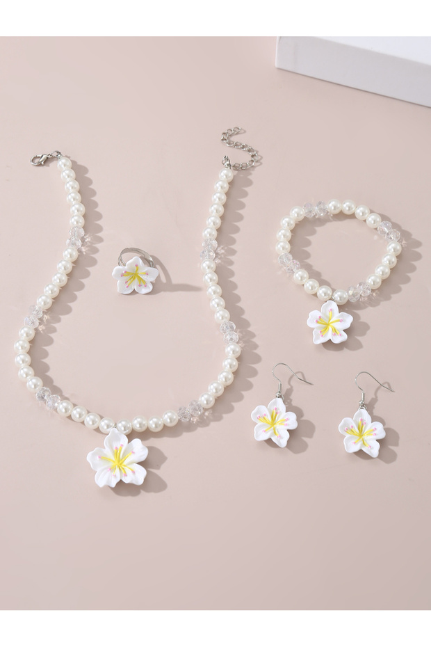 Girls White Flower Charm Pearl Necklace, Bracelet, Ring and Earrings Set