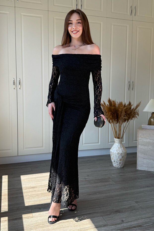 Boat Neck Lace Front Maxi Black Dress with Belt Detail