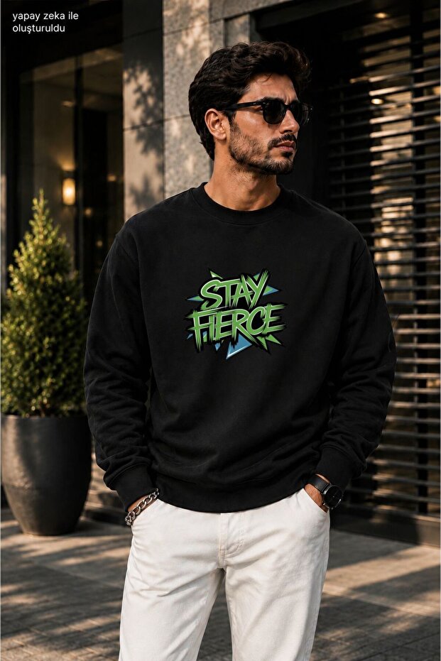 Men's Stay Fierce Graffiti Printed Cycling Round Neck Casual Sweatshirt