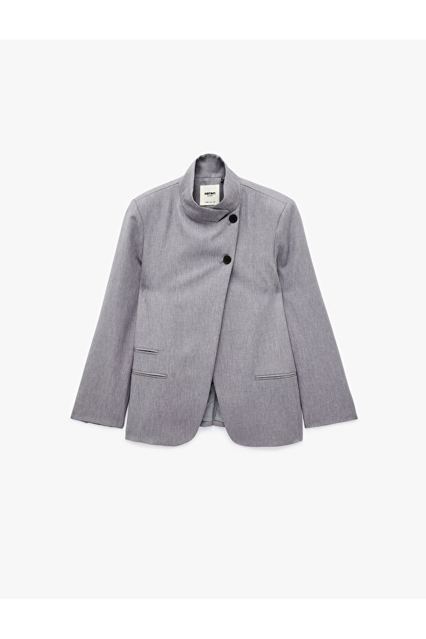 Regular Fit Long Sleeve Button Detailed Stand Collar Double Breasted Blazer Jacket with Pockets