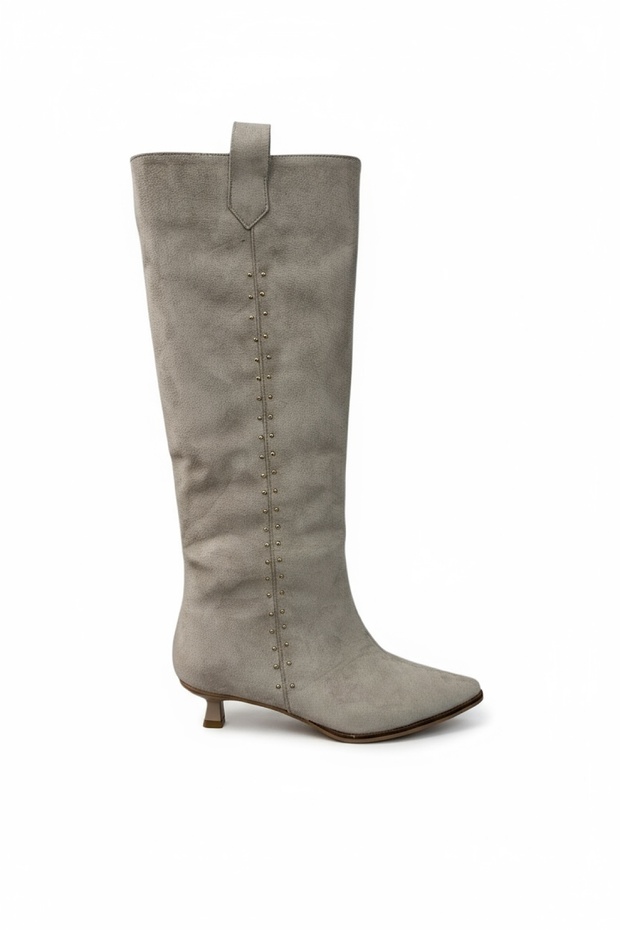 Cily Beige Suede Women's Heeled Boots with Gold Pin Detail