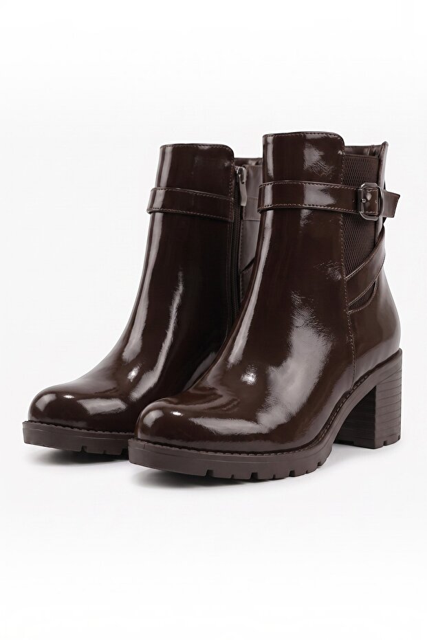 Pink Zippered Women's Boots with Elastic Buckle Heels