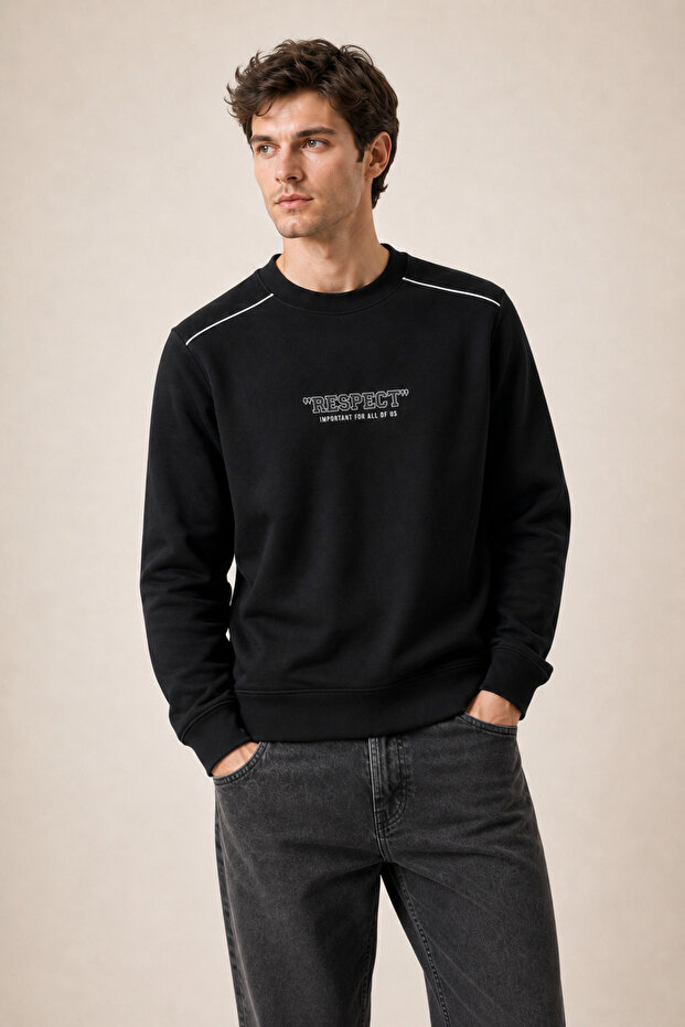 Respect Crew Neck Regular Fit Winter Sweatshirt Black