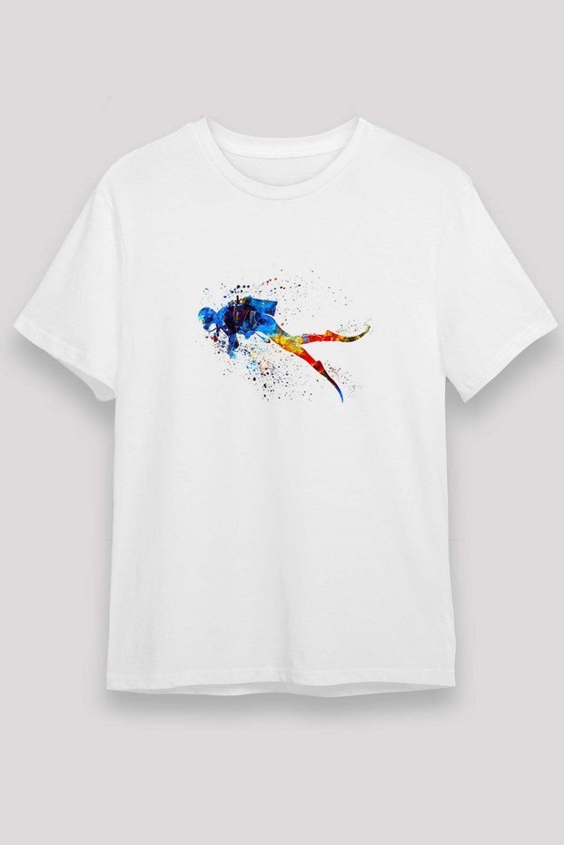 Diving Printed Unisex White T-Shirt - Tshirt