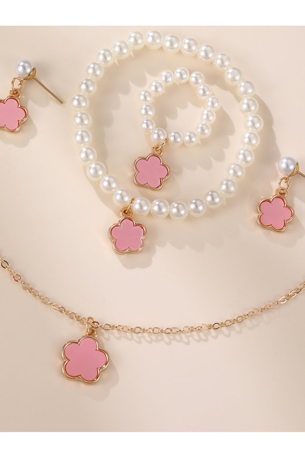 Girls Light Pink Flower Charm Necklace, Bracelet, Ring and Earrings Set